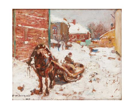 FREDERICK WILLIAM JACKSON R.B.A (BRITISH 1859-1918) HORSE DRAWN SLED IN THE SNOW RUSSIA Signed, oil on panel(23cm x 25.5cm (9