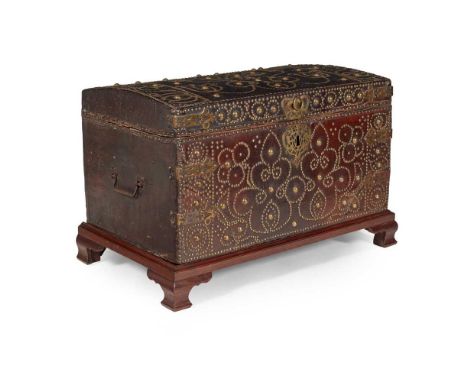 WILLIAM AND MARY BRASS STUDDED LEATHER CHEST, ATTRIBUTED TO THE WORKSHOP OF RICHARD PIGG JUNIOR the hinged dome top and front