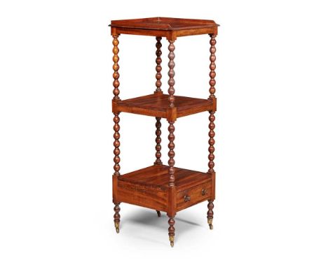 EARLY VICTORIAN WALNUT WHATNOT MID 19TH CENTURY with three square tiers raised and divided by bobbin turned supports, the bas