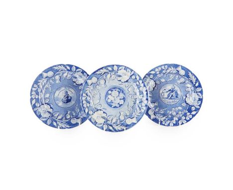 TWO GEORGE III COMMEMORATIVE PEARLWARE PLATES CIRCA 1820 blue transfer decorated with borders of thistles, roses and clover; 