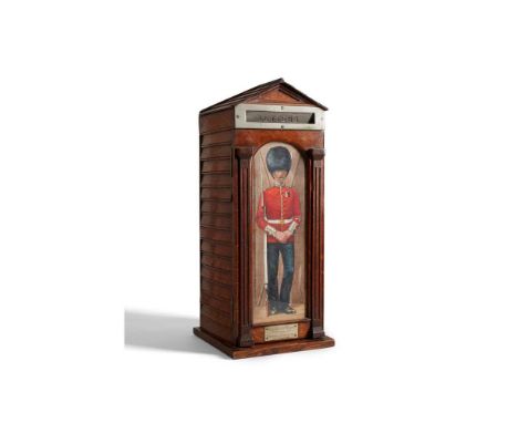 OAK POST BOX IN THE FORM OF A SENTRY BOX LATE 19TH CENTURY with cladded sides and a gabled roof, the front with a brass post 