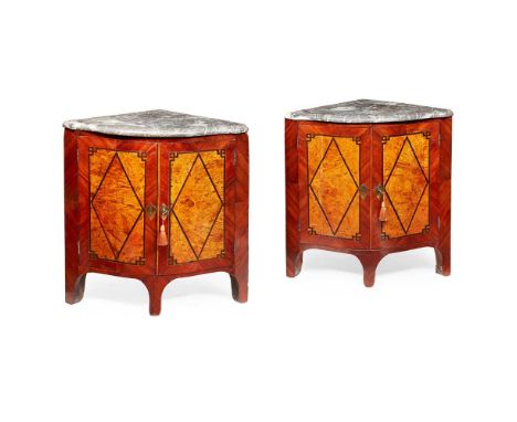 PAIR OF SCANDINAVIAN PURPLE HEARTWOOD AND BURR ASH MARBLE-TOPPED ECOIGNEURS 19TH CENTURY the shaped grey marble tops over two