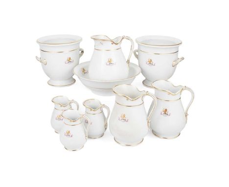 GROUP OF MINTON NEW STONE ARMORIAL TOILET SET ITEMS MID 19TH CENTURY all in plain white earthenware, bearing the crest and mo