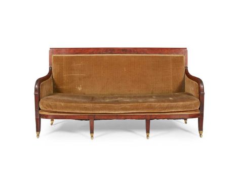 FRENCH EMPIRE MAHOGANY FRAMED SOFA EARLY 19TH CENTURY the padded rectangular back above a loose cushion seat flanked by enclo