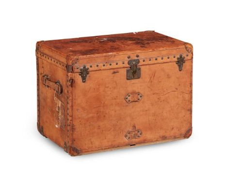LOUIS VUITTON LEATHER TRUNK EARLY 20TH CENTURY the interior with original linings, label, and removable tray, with old travel