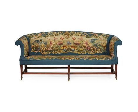 LATE GEORGE III MAHOGANY FRAMED SOFA EARLY 19TH CENTURY, THE NEEDLEWORK 20TH CENTURY the slightly arched back and scrolled ar