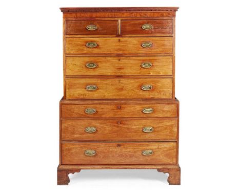 GEORGE III MAHOGANY CHEST-ON-CHEST EARLY 19TH CENTURY the dentil moulded cornice above two short and three long graduated dra