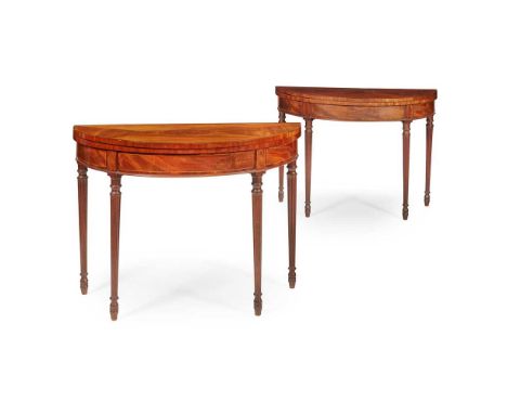 FINE PAIR OF GEORGE III MAHOGANY AND SATINWOOD DEMILUNE CARD TABLES LATE 18TH CENTURY the crossbanded fold-over tops with qua