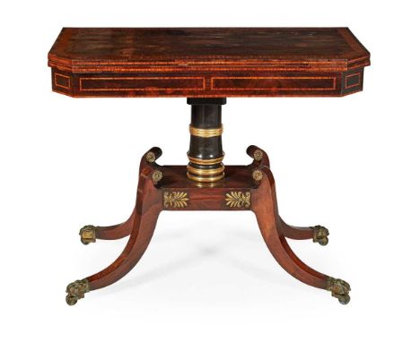 Y REGENCY ROSEWOOD FOLD-OVER CARD TABLE EARLY 19TH CENTURY the rectangular top with angled corners opening to a green baize l