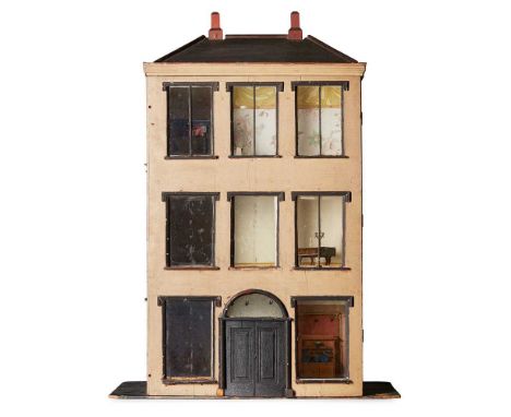 SCRATCH BUILT DOLL'S HOUSE, STABLE, AND CONTENTS 19TH CENTURY the house modelled as a three story Georgian townhouse with eig