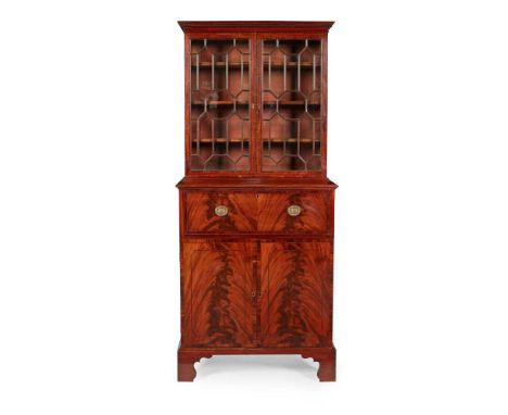 LATE GEORGIAN MAHOGANY AND GONZALO ALVES INLAID SECRETAIRE BOOKCASE CIRCA 1820 of neat size, the dentil moulded cornice above