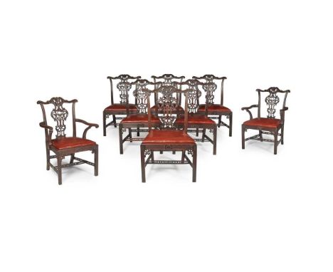 FINE SET OF EIGHT CHIPPENDALE STYLE MAHOGANY DINING CHAIRS LATE 19TH CENTURY the shell and foliate carved backs with pierced 