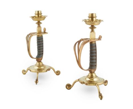 PAIR OF ENGLISH ARMY SWORD HILT CANDLESTICKS 19TH CENTURY made from the handle and hilt of a sword with a sharkskin grip, the