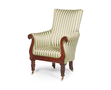 LATE REGENCY MAHOGANY TUB ARMCHAIR EARLY 19TH CENTURY the curved rectangular back above a padded seat and lyre outline enclos