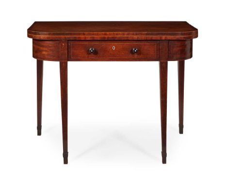 LATE GEORGE III MAHOGANY CARD TABLE 18TH CENTURY the D shaped fold-over top opening to a green baize lined interior, over a f