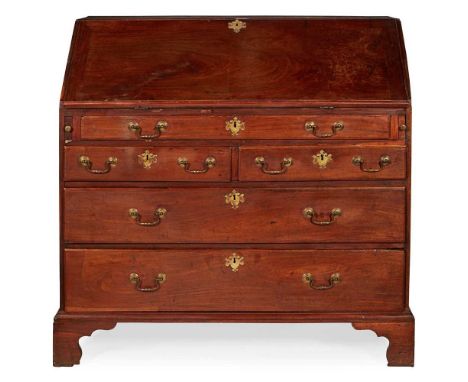 GEORGE II MAHOGANY BUREAU 18TH CENTURY the slant front opening to an arrangement of drawers and pigeon holes, above a long dr