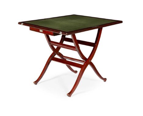 EDWARDIAN MAHOGANY NICKEL MOUNTED CAMPAIGN CARD TABLE EARLY 19TH CENTURY the hinged green baize playing surface with a drawer