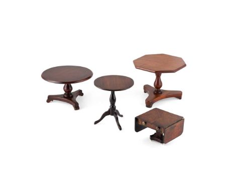 Y FOUR MINIATURE TABLES 19TH CENTURY to include a pedestal table with an octagonal top, a pedestal table with a circular top,