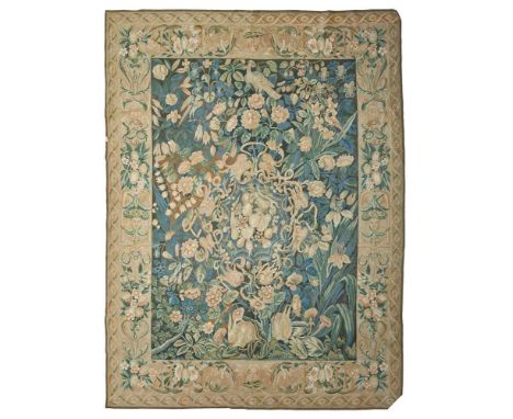 AUBUSSON STYLE CARPET LATE 20TH CENTURY the field with fruit filled medallion against foliate ground with birds and rabbits, 