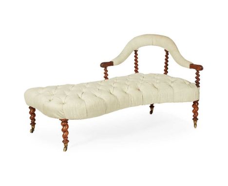 VICTORIAN WALNUT CHAISE LONGUE 19TH CENTURY with a padded shaped top rail on spiral turned supports over a button upholstered