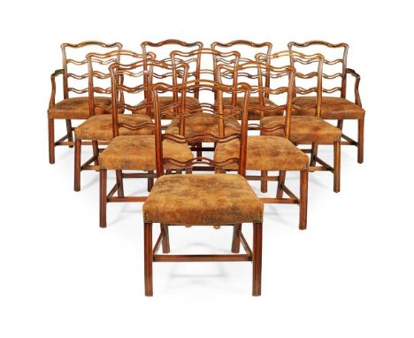 SET OF TEN GEORGIAN STYLE MAHOGANY DINING CHAIRS EARLY 20TH CENTURY with pierced serpentine top rails and ladder splats, abov