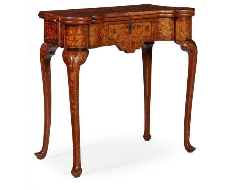 DUTCH WALNUT AND MARQUETRY CARD TABLE 19TH CENTURY the shaped fold-over top with outset rounded corners, inlaid with a flower