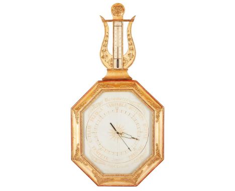 FRENCH LOUIS PHILLIPE GILTWOOD BAROMETER/ THERMOMETER, SELON TORICELLI 19TH CENTURY the octagonal barometer dial in a gilt fr