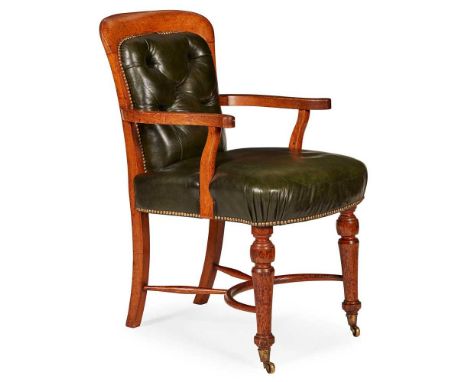LATE VICTORIAN SCOTTISH OAK ARMCHAIR LATE 19TH CENTURY, EDINBURGH covered in button upholstered green leather outlined with c