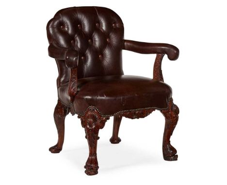 MAHOGANY LEATHER UPHOLSTERED LIBRARY CHAIR, IN THE MANNER OF GILLOWS 19TH CENTURY the shaped button upholstered back and padd