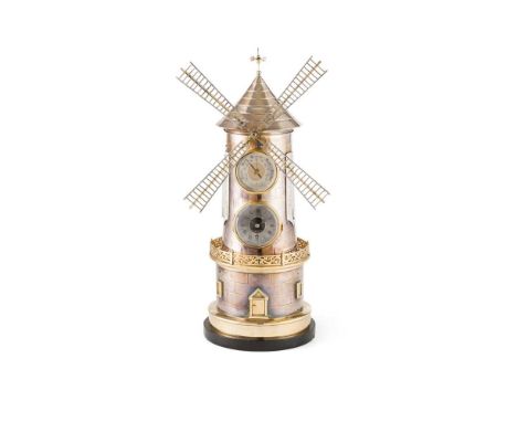 FRENCH INDUSTRIAL AUTOMATON WINDMILL CLOCK, BY GUILMET LATE 19TH CENTURY the silvered brass and brass case in the form of a w