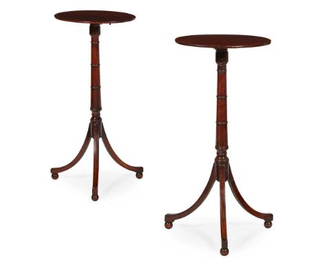 PAIR OF GEORGE III MAHOGANY ADJUSTABLE CANDLESTANDS 18TH CENTURY the oval crossbanded tops with two-way tilting action, raise