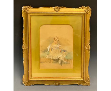 English School (19th century)Young Girl, with basket of flowerswatercolour and pencil, 20cm x 15cm 