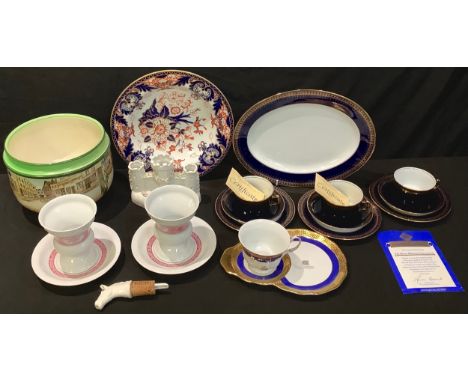 A Royal Doulton Dickens Ware planter; Derby Crown Imari soup plate; Romanoff Collection tea ware; pastille burner; etc 