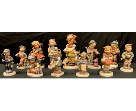 A Goebel Hummel figure, Be Patient, 15.5cm; others, Autumn Harvest, Puppy, Chimneysweep, Sensitive Hunter, etc (12) 
