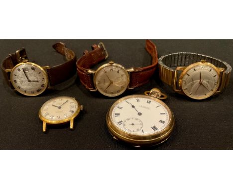 A gentleman's 9ct gold Timor watch, Arabic numerals, subsidiary seconds dial, brown leather strap; a gold plated open face po