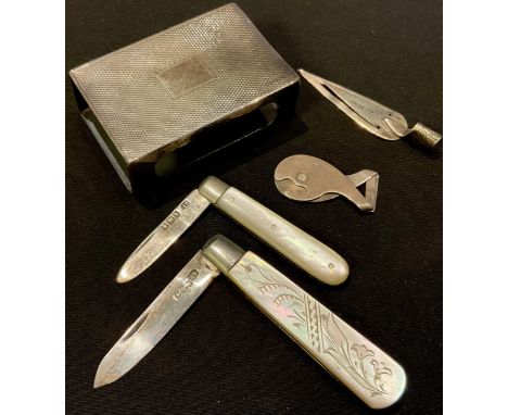 A silver and mother-of-pearl fruit knife, Sheffield 1927; another, Sheffield 1899; a matchbox holder, Birmingham 1913; a cher