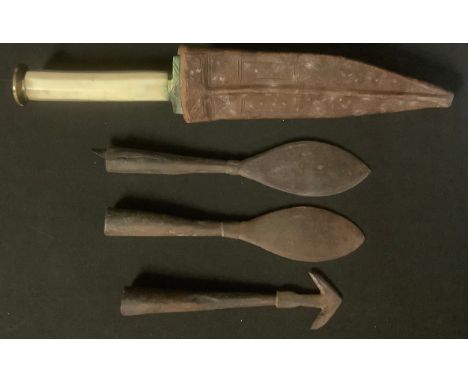A Moorish dagger, pointed steel blade, bone one-piece grip, leather scabbard, (1); arrowheads, various, (3), [4] 