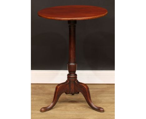 A mahogany tripod occasional table, circular top, cannon barrel column, cabriole legs, pointed pad feet, 73cm high, 50cm diam