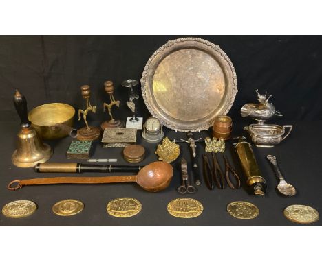 An early 20th century brass car fire extinguisher, a brass school bell, brass jam pan, copper ladle, EPNS circular tray, bras