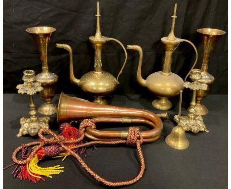 A copper bugle Argyll and Sutherland badge; other brass ewers, vases, candlesticks; qty 