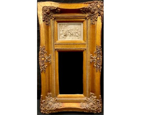 Interior Decoration - a gilt framed looking glass, inset with plaque moulded in relief with putto over bevelled plate, 73cm x