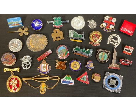A collection of enamel badges, Collins London owl pin badge, Mundella Prefect, Ravenglass &amp; Eskdale Railway, National Sav
