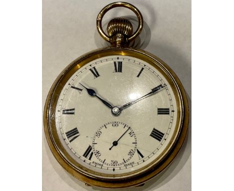 A 9ct gold open face pocket watch, white enamel dial, roman numerals, subsidiary seconds dial with Arabic numerals, marked 37