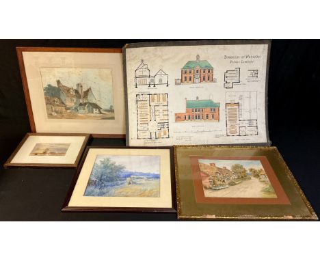 F.A. Davidson Thatched Cottagessigned and dated 1943, watercolour, gilt frame; other watercolour paintings, including an arch