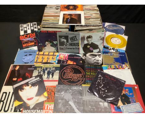 Vinyl Records - 45rpm 7" singles various genres and artists including Cheap Trick in yellow vinyl, Squeeze, Iron Maiden, AC/D