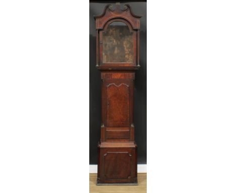 A George III mahogany crossbanded oak longcase clock case, 222cm high, the seat board accommodation 41cm wide, the glass 50cm