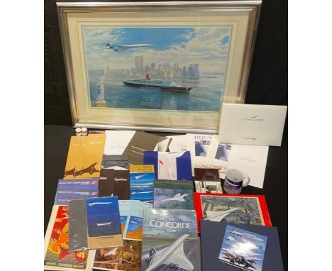 Concorde Memorabilia - British Airways and Air France leaflets, duty free pamphlets, baggage tags, menus, book, a Corgi model