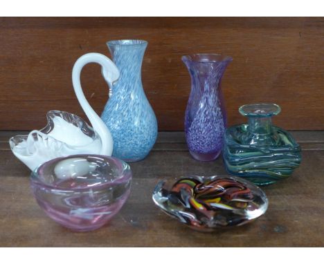 Six items of studio glass; an Isle of Wight bowl from pink strap swirl range, 1974, a M'dina bottle vase and bowl, a Langham 