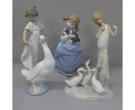 Two Nao/Lladro figures of geese and three figures of young girls including one with microphone (Lladro) 