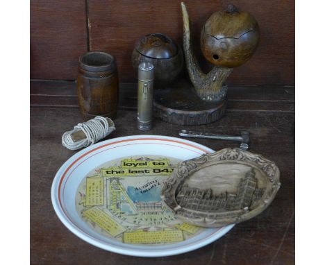 A NUM 'Loyal to the Last', 84-85 commemorative dish, a Victorian smokers stand in coconut and antler, a Houses of Parliament 